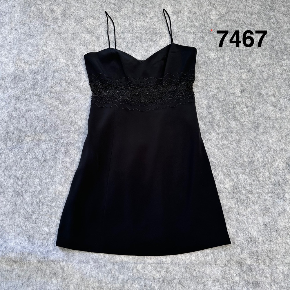 Cache Vintage Black Beaded Mesh Waist Spaghetti Strap Mini Dress Size 10